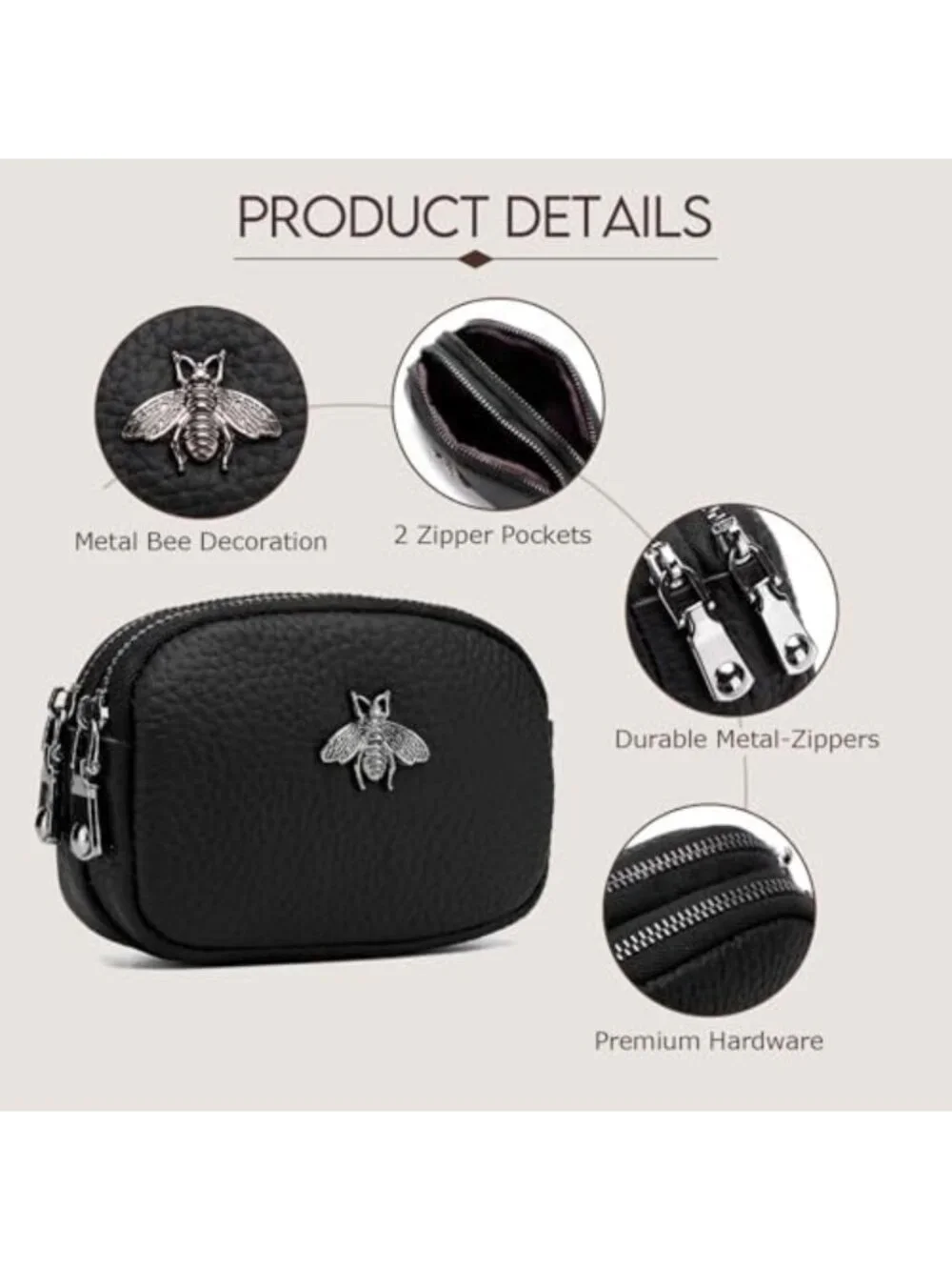 Stylish Black Leather Coin Purse | Small Zippered Wallet for Women